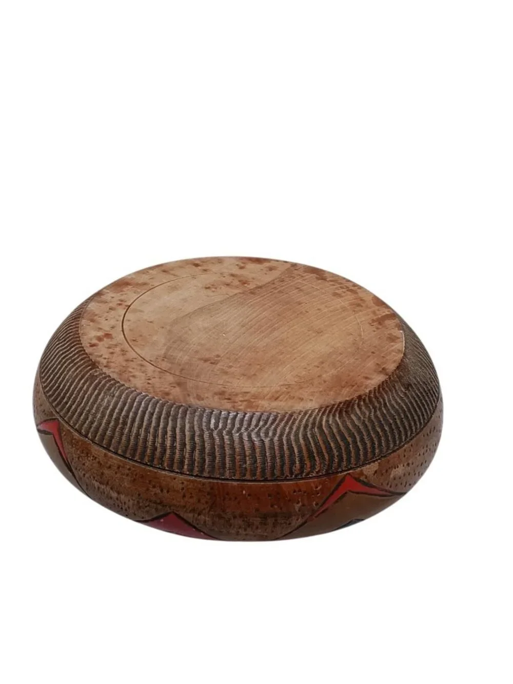 Primitive Ethnic Hand Carved Hand Painted Wooden Bowl Geometric Triangular 6.5